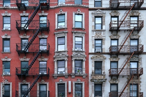 New York City ornate old apartment buildings with external fire ladders