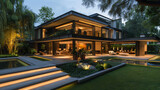 modern house exterior illuminated by elegant lighting and garden in the evening