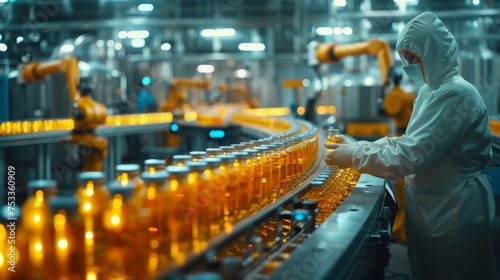 Worker are working with robots in a modern bottling plant