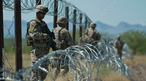 Military guards with weapons stand along the border with barbed wire, guarding the border from illegal immigrants. 