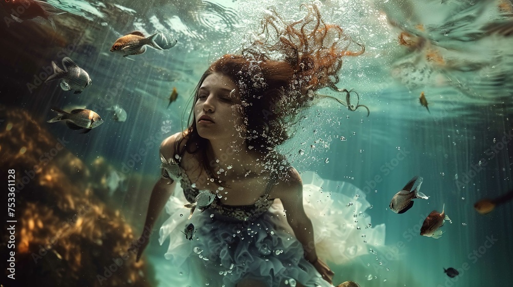A young woman is submerged underwater surrounded by various fish. She appears serene and is wearing a flowing, light-colored gown that billows around her. Her hair is a rich auburn color, freely float A young woman is submerged underwater surrounded by various fish. She appears serene and is wearing a flowing, light-colored gown that billows around her. Her hair is a rich auburn color, freely float