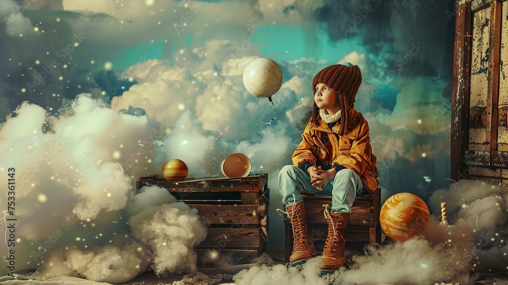 A child is sitting on a wooden box amidst a dreamy, cloud-filled scene that resembles outer space. The child wears a knitted hat, a cozy scarf, and a mustard-colored jacket with jeans and sturdy brown