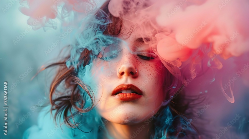 Fototapeta premium A close-up portrait of a young woman with her eyes closed, partially obscured by swirling pink and blue smoke. The smoke adds a dreamy, ethereal quality to the image. She has fair skin with a sprinkli