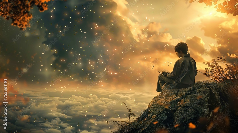 A person is sitting on a rocky outcrop high above the clouds, reading a book. They are facing away from the viewer, looking towards a dramatic sky filled with glowing embers, clouds, and birds in flig