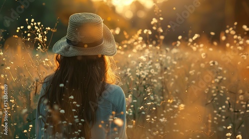 A person is standing in a field at sunset with their back to the camera. They are adorned with a wide-brimmed straw hat and have long, dark hair that falls over the shoulders of a light blue, long-sle