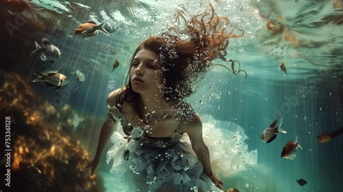 A young woman is submerged underwater surrounded by various fish. She appears serene and is wearing a flowing, light-colored gown that billows around her. Her hair is a rich auburn color, freely float