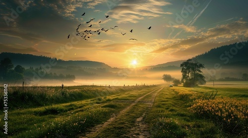 The image presents a picturesque rural scene at sunrise. A dirt path cuts through a vibrant green field strewn with yellow wildflowers. In the distance, a small car travels along the path, heading tow