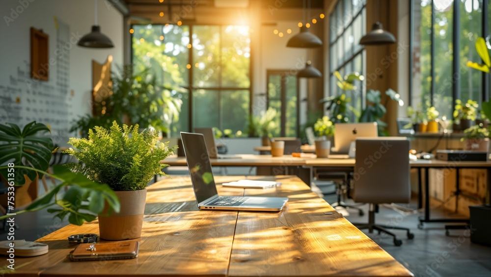 Contemporary eco-friendly office, minimalist design, paperless environment, employees engaged in sustainable practices Contemporary eco-friendly office, minimalist design, paperless environment, employees engaged in sustainable practices