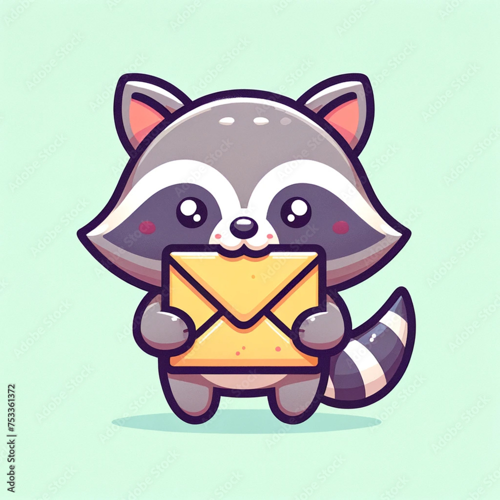 Little Raccoon Postie Whimsical Cartoon Animal with Letter Little Raccoon Postie Whimsical Cartoon Animal with Letter
