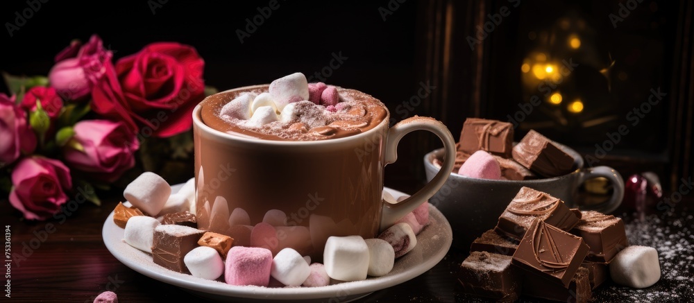 Delicious Hot Chocolate with Truffles and Marshmallows on a Home Table