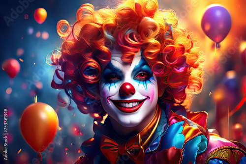 One gorgeous happy clown with curly hair, an explosion of colors bright, happy colors, beautiful light