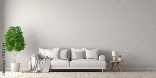 Large white living room with gray sofa, wooden table, carpet, small tree, mock-up wall, and copy space. © Vusal