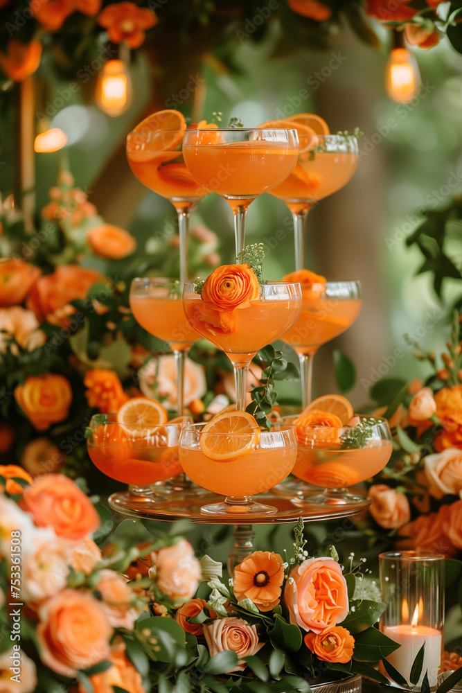 Bright orange cocktails in pyramid-shaped glasses with a composition of orange roses, decorated with orange slices