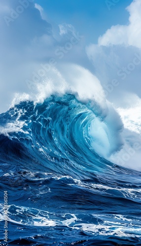 Gigantic ocean wave rising under clear blue sky in a stunning side view perspective