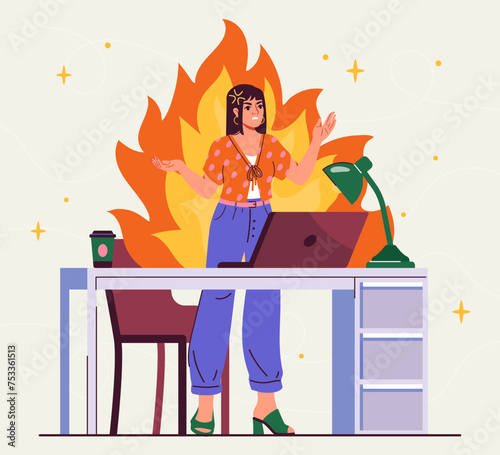 Worker in anger. Woman at fire at workplace. Overworked employee with stress and mental ilness. Negative feelings and emotions. Cartoon flat vector illustraton isolated on white background