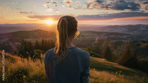 Jovem mulher contemplando paisagem montanhosa ao pôr do sol em close de 24mm © Alexandre