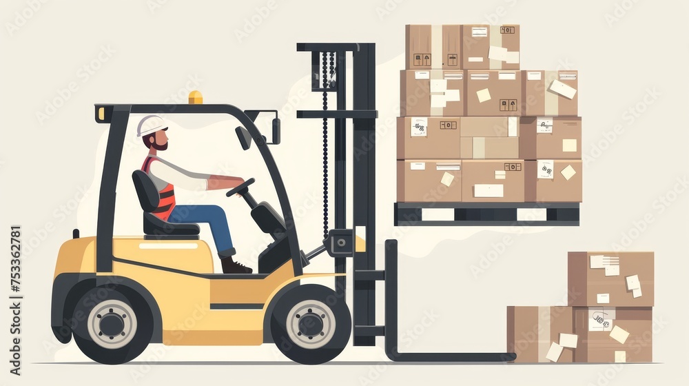 Warehouse workers and forklift drivers Forklift carrying pallets with goods in boxes, transportation, moving Warehouse workers and forklift drivers Forklift carrying pallets with goods in boxes, transportation, moving