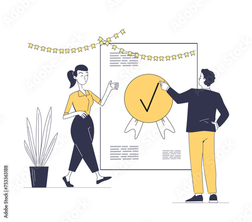 People with certificate simple. Man and woman near document with quality control. License for business and factories. Doodle flat vector illustraton isolated on white background