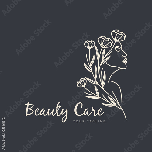 hand drawn logo line art feminine beauty floral botanical salon spa cosmetic care design vector illustration minimalism.
