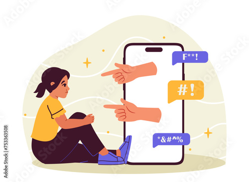 Childhood mental trauma concept. Girl sitting near smartphone with hands. Bullying and agression. Psychological abuse. Insults on social networks. Cartoon flat vector illustraton