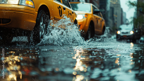 The sound of tires splashing through puddles as taxis and cars splash through the streets leaving behind a trail of water in their wake. © Justlight