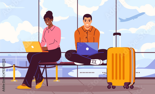 Freelancers work at airport. Man and woman with laptops sitting near yellow luggage and baggage. Digital workers earn money on internet. Travel and tourism. Cartoon flat vector illustraton