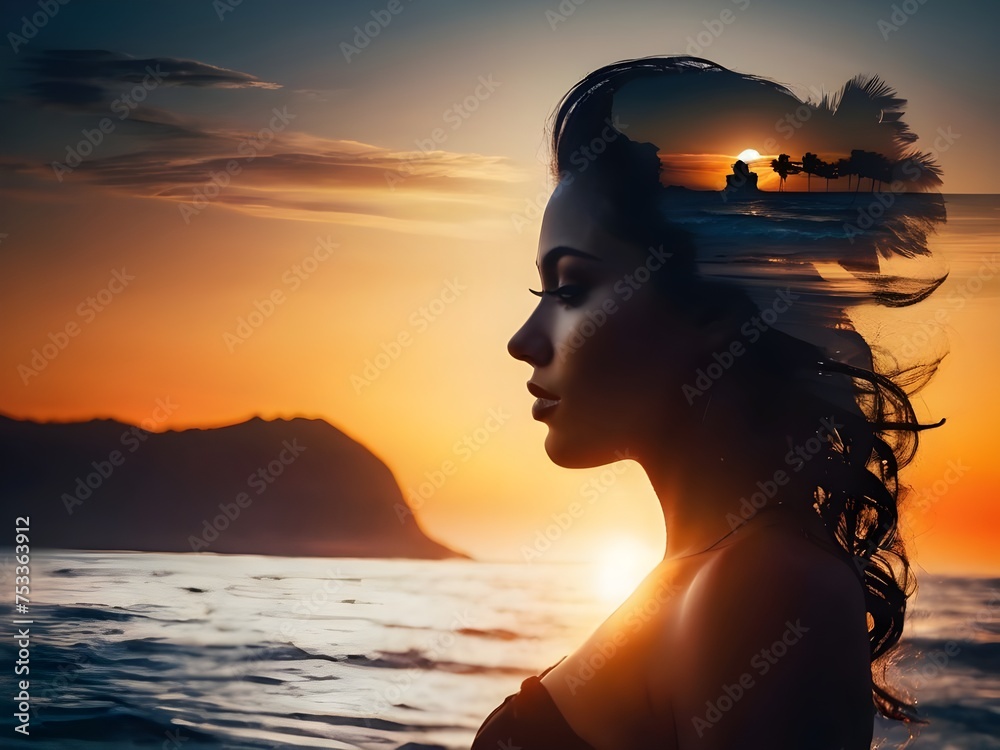 A beautiful double exposure that combines an goddess silhouette with sunset coast, sunset coast, underlying backdrop, with its details incorporated into the goddess Generative AI A beautiful double exposure that combines an goddess silhouette with sunset coast, sunset coast, underlying backdrop, with its details incorporated into the goddess Generative AI