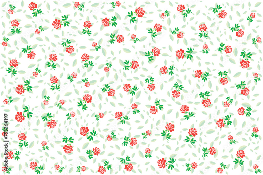 Illustration, pattern of rose flower with leaf on white background.