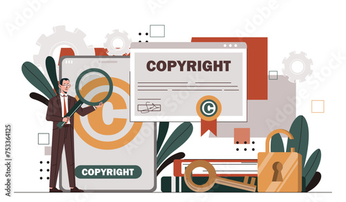 Copyright intellectual property concept. Man with magnifying glass near articles. Creativity and art. Taleted author and typewriter. Cartoon flat vector illustration isolated on white background