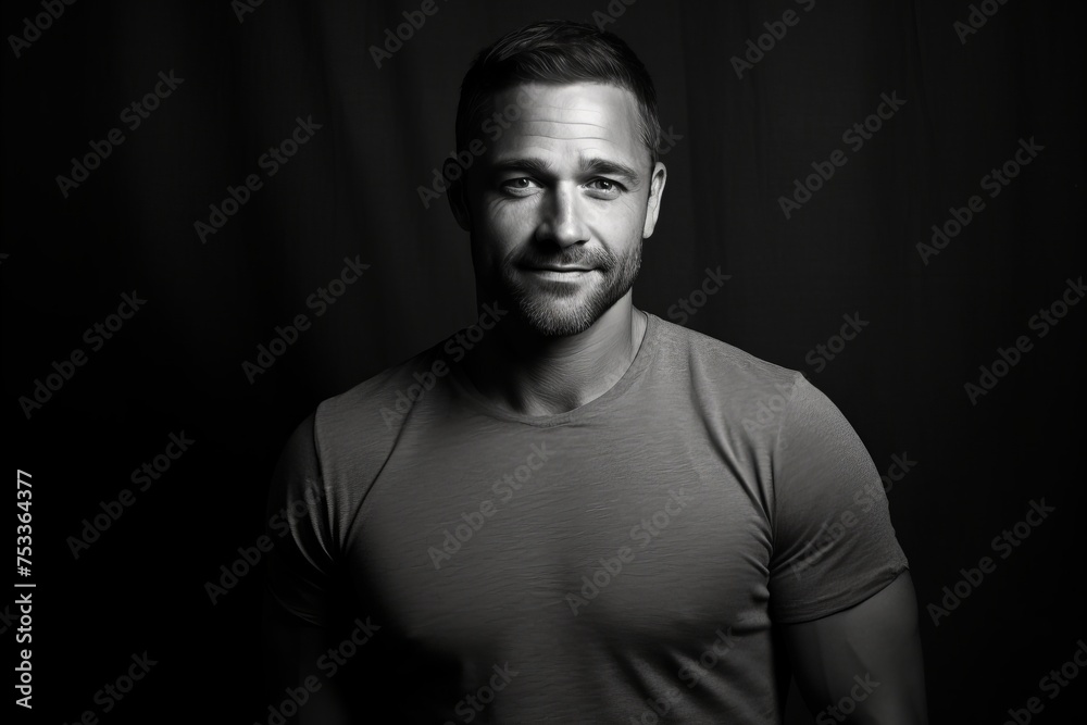 Portrait of a handsome man in a gray t-shirt on a black background