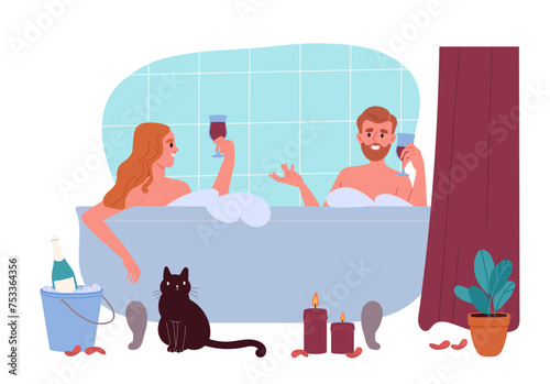 Date in bath concept. Man and woman with wine and champagne in glasses. Romance and love. People in jacuzzi with candles. Cartoon flat vector illustration isolated on white background