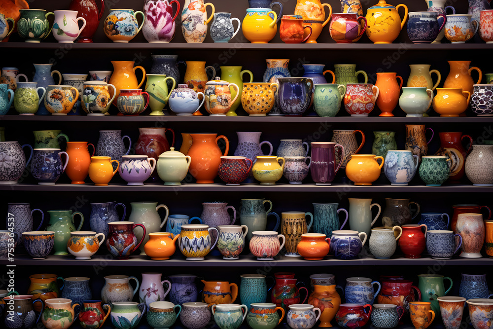 Artful Display of Colorful and Patterned Ceramics: A Fusion of Functionality and Aesthetic Appeal