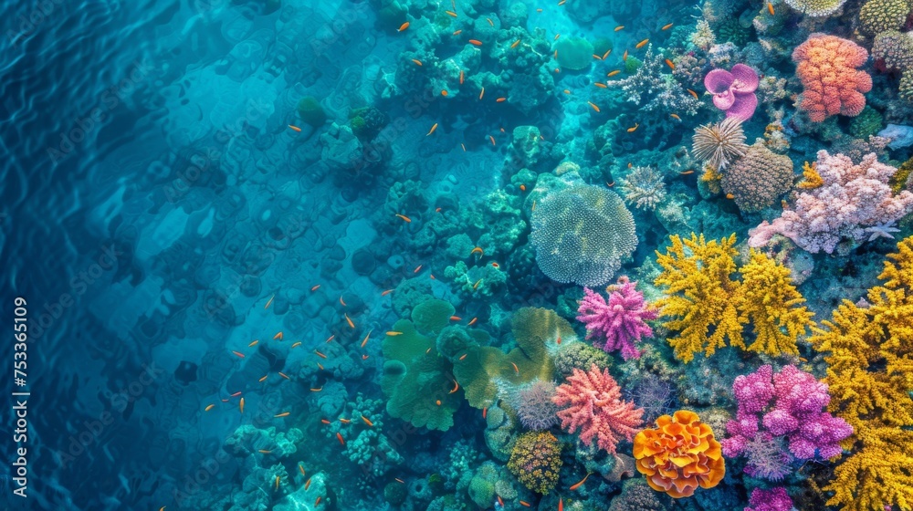 Obraz premium Top view the lively marine ecosystem thriving within a vibrant coral reef, nestled in the pristine, crystal-clear waters of the tropics