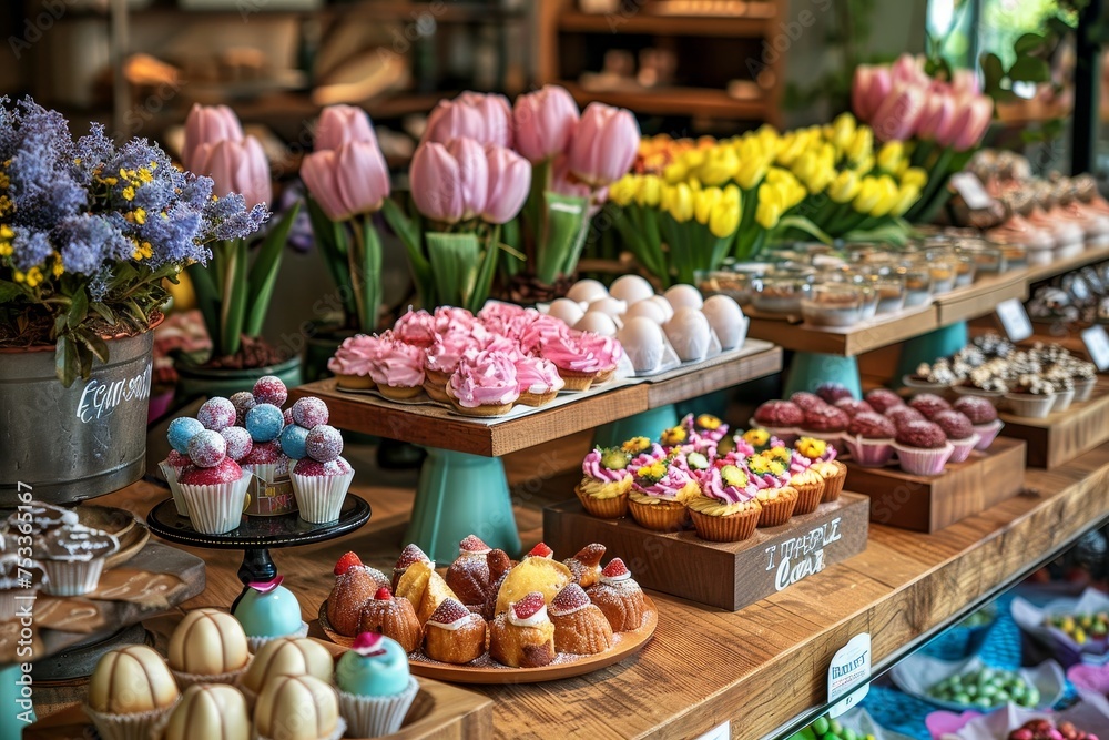 Easter Delights: An Artisanal Display of Festive Pastries and Cakes on a Rustic Wooden Counter