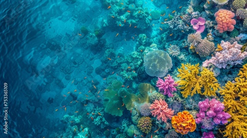 Top view the lively marine ecosystem thriving within a vibrant coral reef  nestled in the pristine  crystal-clear waters of the tropics