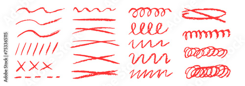 Red underlines and strikethrough strokes isolated on white background. Set of red hand drawn brush lines different forms. Rough charcoal strokes.Collection of vector grunge brushes.Charcoal strokes