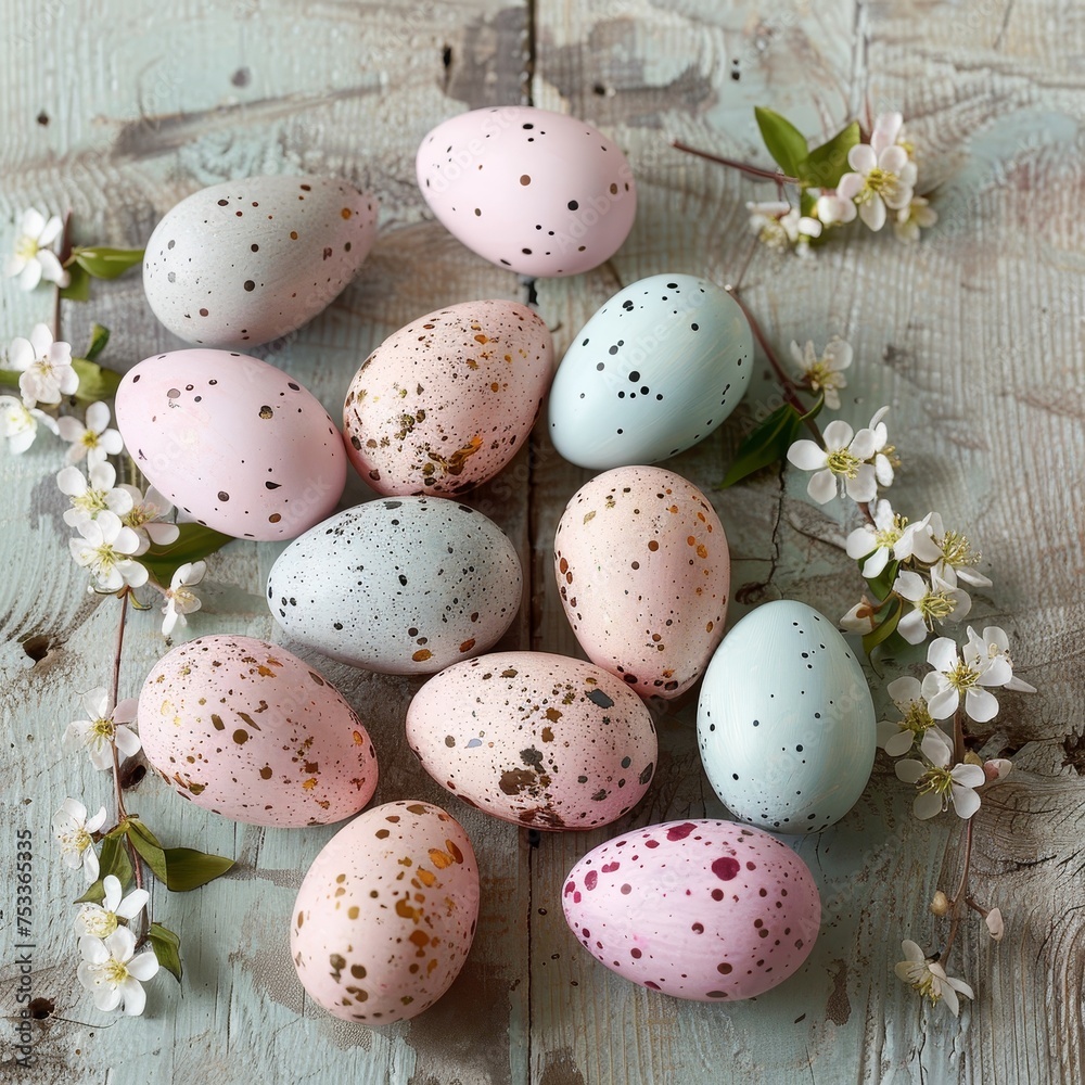Delightful Pastel Easter Eggs Artfully Arranged on a Weathered Wooden Surface, Ushering in the Spring Season