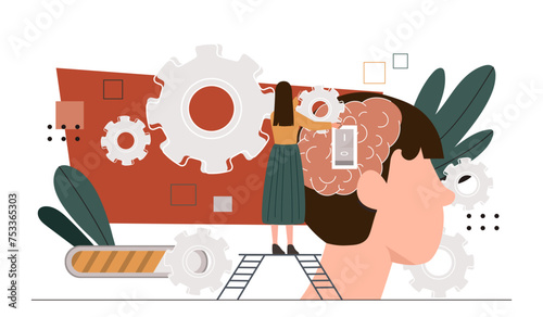 Emotional intelligence concept. Woman near silhouette of head. Awareness and mindfulness. Concentration and inner peace, logic. Cartoon flat vector illustration isolated on white background