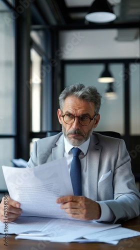 Doubtful serious busy mid aged professional business man manager or financial legal expert analyst holding corporate documents reading papers sitting at desk in office feeling doubt, Generative AI 