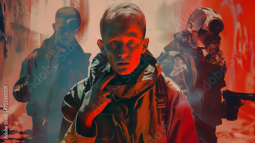 a young man in streetwear in an urban setting, with another boy in a gas mask and overalls, and two soldiers with guns, against a war-tense red gradient background