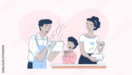 Family enjoying soup simple. Man and woman with little daughter prepare food. Household chores and routine. Little helper with parents. Doodle flat vector illustraton isolated on white background