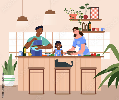 Family prepare dinner concept. Man and woman with daughter at kitchen. Preparation of salad or soup. Healthy eating with vitamins. Little helper wih parents. Cartoon flat vector illustration