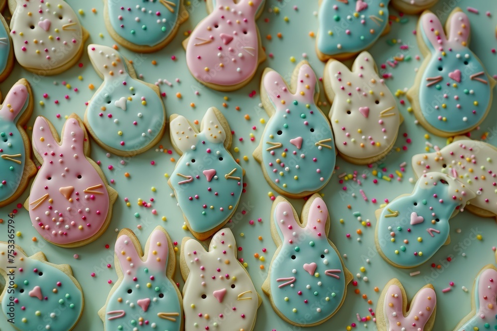 Homemade Bunny-Shaped Cookies Adorned with Colorful Icings for a Festive Easter Treat