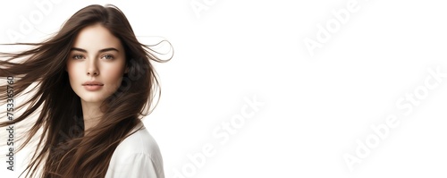 Portrait of a brunette girl with long healthy hair blowing in the wind on a white background, banner with copy space. concept of natural cosmetics for hair and body.