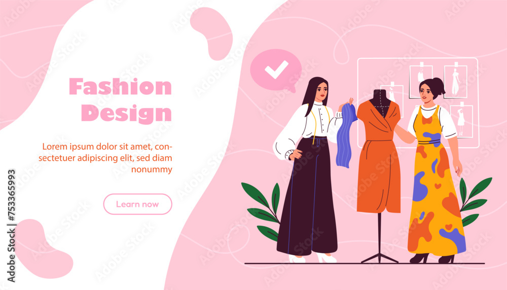 Fashion designers poster. Two women near mannequin with red dress. Elegance, aesthetics, fashion and style. Workshop and studio. Landing webpage design. Cartoon flat vector illustraton Fashion designers poster. Two women near mannequin with red dress. Elegance, aesthetics, fashion and style. Workshop and studio. Landing webpage design. Cartoon flat vector illustraton
