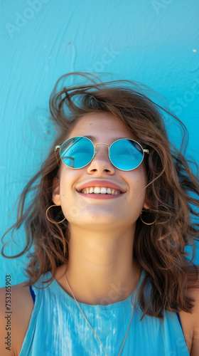accessory, adorable, background, blue, bright, carefree, casual, cheerful, child, childhood, chill, close-up, colorful, comfort, cute, daytime, face, fashion, fun, girl, happy, holiday, joyful, leisur photo