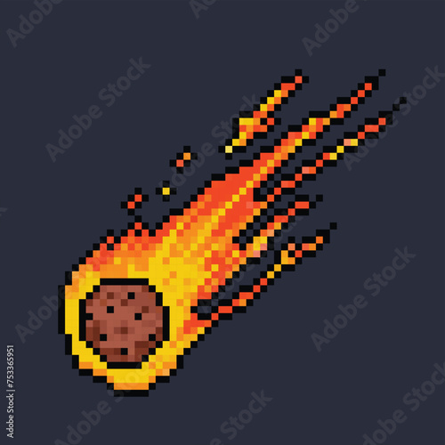 Single meteor piece with hot flaming fire around it. Pixel art retro vintage video game bit vector illustration. Simple flat cartoon art styled drawing isolated on square background.