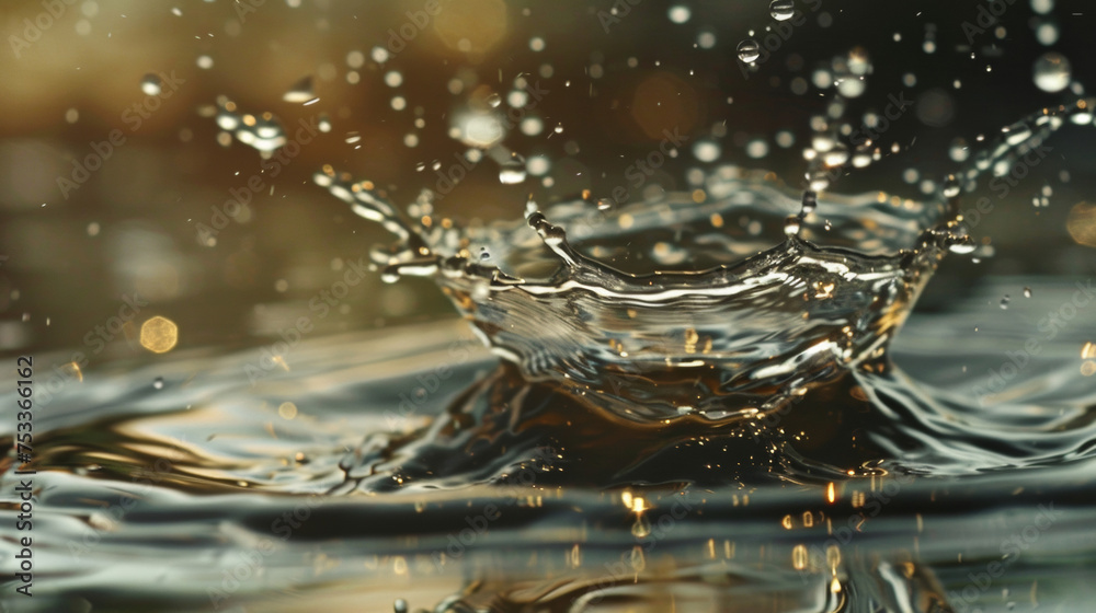 A freezeframe of a drop of water falling and splashing onto a surface taking on a new shape with each frame. The water seems to defy gravity as it transforms into intricate