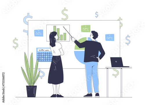 Financial advisor consulting simple. Man and woman near chart and diagrams. Consultant and entrepreneur. Financial literacy and economy. Doodle flat vector illustraton isolated on white background