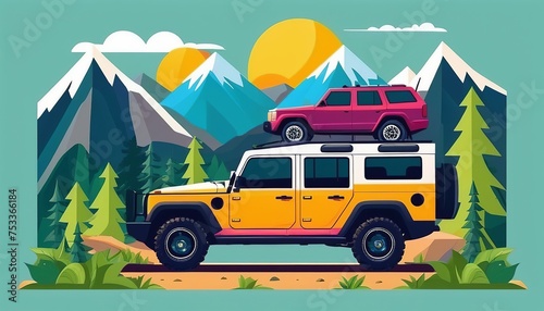 Off-Road Adventure Set: 4x4 Car Driving in Mountains Vector Illustration